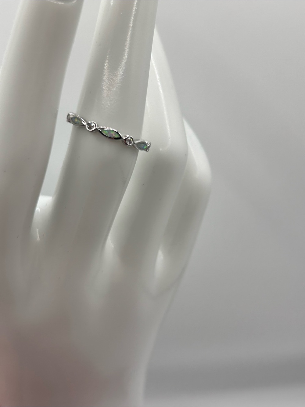 Silver Marquise Opal Accent Band Ring - White/Green Iridescent